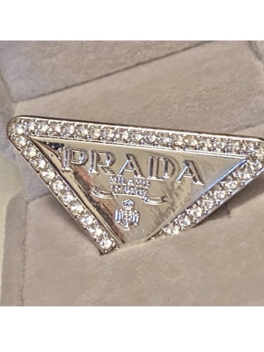 Prada Silver Luxury Triangle Logo Brooch with Crystal Trim Unisex